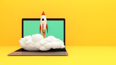 Rocket Flying  to Successful background . Business concept illustration.Rocket flying over cloud. Startup concept with rocket flying out of laptop screen on colour background.の写真素材