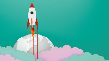 Rocket Flying  to Successful background . Business concept illustration.Rocket flying over cloud. Start up Business to aim target.3d rendring. rocket breaking through  over world.の写真素材