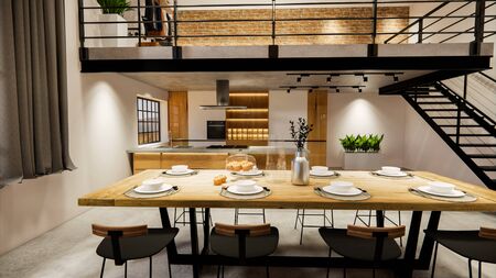 3d rendering. Interior house modern open living space with kitchen.Loft style Duplex apartment residence.Home decoration luxury  interior design.の写真素材