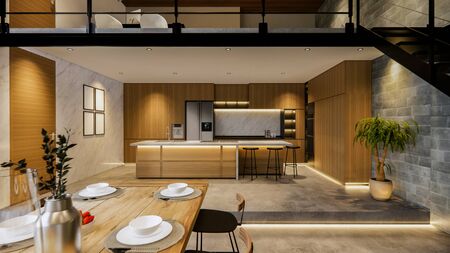 3d rendering. Interior house modern open living space with kitchen.Loft style Duplex  residence...