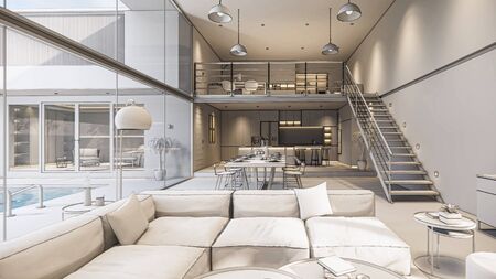 3d rendering. Interior house modern open living space with kitchen.Loft style Duplex  residence...
