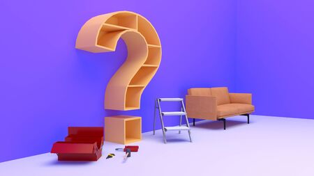 Big question mark on wall in living  room while renovating. Question problem Interior design, 3d...