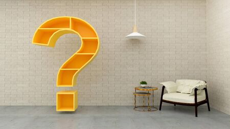 Big question mark on wall in living  room while renovating. Question problem Interior design, 3d...