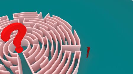 Businessman entrance  the maze. Concepts of finding a solution, problem solving, challenge etc. 3D rendering illustration.Confused, young businessman looking at the question mark.の写真素材