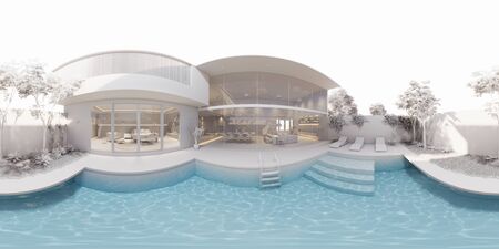 3d illustration spherical 360 vr degrees, a seamless panorama of the room and apartment . interior design 3D rendering.reception in a modern panoramic house.の写真素材