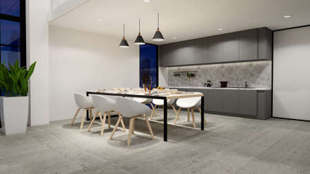 3d rendering. Interior house modern open living space with kitchen.Loft style Duplex apartment...