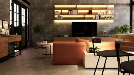 3d rendering. Interior house modern open living space with kitchen.Loft style Duplex apartment...