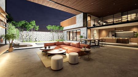 3d rendering. Interior house modern open living space with kitchen.Loft style Duplex apartment...