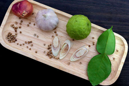 Some Of Spices Used For Cooking On Wooden Tray Background.の写真素材