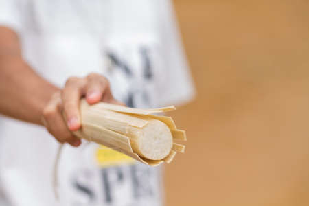 Hand Of A Young Girl Holding Having Glutinous Rice Roasted In Bamboo Joints.の写真素材