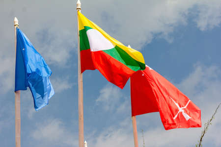 Colorful Of Flags  In A Shan State Army Refugee Camp At Loi Kaw Wan, Muang Sad In Shan State Army(SSA), Burma.の写真素材