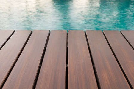 Empty Wooden Deck With Luxury Home Swimming Pool.の写真素材