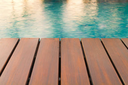 Empty Wooden Deck With Luxury Home Swimming Pool.の写真素材