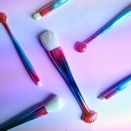 Rainbow makeup brush set backgroundの写真素材