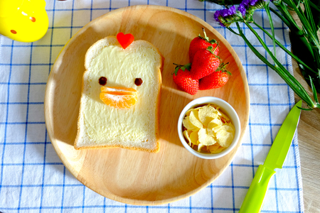 Cute chicken bread breakfastの写真素材