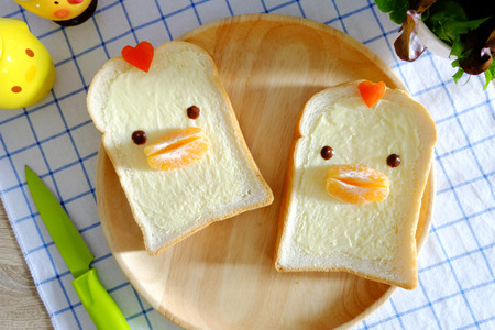 Cute chicken bread breakfastの写真素材
