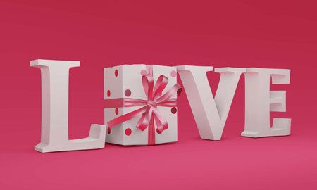 3D rendering white love wording and gift box on pink background for valentineの写真素材