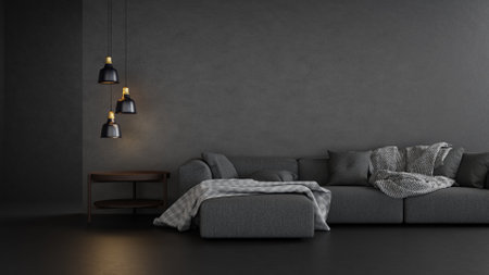 3D rendering gray sofa in drak living roomの写真素材