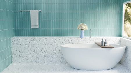 3D rendering White Bathtub With Green Tile And White Terrazoの写真素材