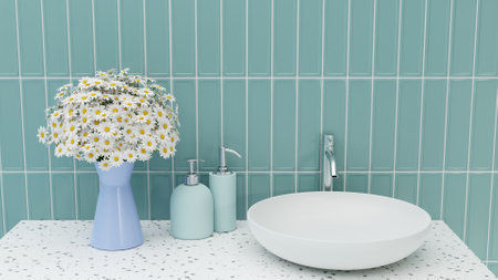 3D rendering White Circle Sink in Bathroom, Closeup White Circle Sink With Cosmetiic Bottleの写真素材