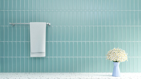 3D rendering Towel Rack in Bathroom, Green Tile Wall in Bathroom, White Flower in Bathroomの写真素材