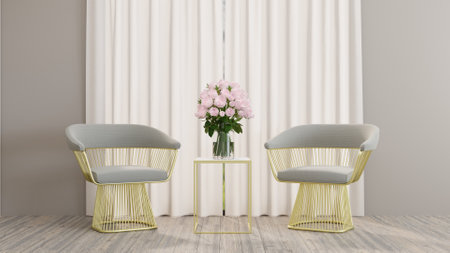 3D rendering Fabric Sofa With Gold Stand Set in Beige Livingroom, Pink Rose in Glass Vase in...
