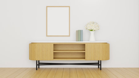 3D rendering Wood Cabinet White Marble Top, Wood Cabinet in Living room With Wood Floor