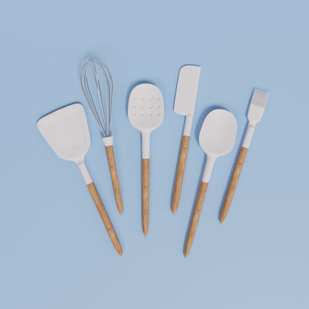 3D Rendering White Spatula Set on Blue Background, Set of Turner With Wood Handle on Blue Backgrond