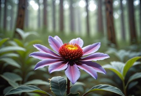Close-up photo of yellow stamens in the center of a blooming pink flowerの素材