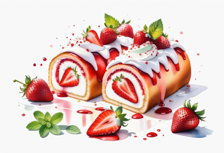 Strawberry cake roll top with whip cream and strawberry, mint on white backgroundの素材
