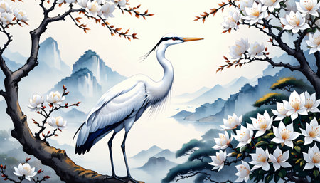 White egret perched on a branch with white flowers.の素材