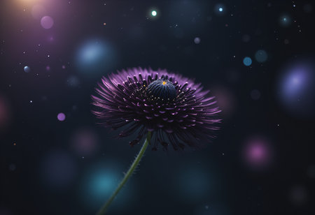 Deep purple flowers on a black bokeh background.の素材