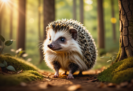 Hedgehogs stand in a rich forest with many kinds of flowers and plantsの素材