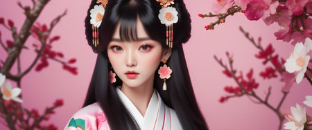 Close-up of a young woman wearing a kimonoの素材