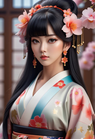 Close-up of a young woman wearing a kimonoの素材