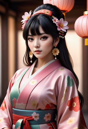 Close-up of a young woman wearing a kimonoの素材