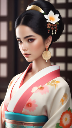 Close-up of a young woman wearing a kimonoの素材