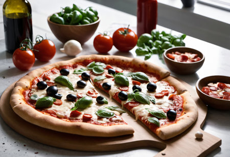 Pepperoni pizza on kitchen table and tomatoの素材