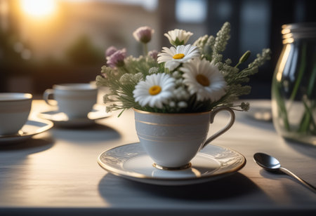 Coffee in a clear glass placed on a wooden table There was a vase of flowers on the sideの素材