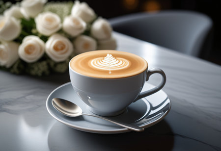 Coffee in a clear glass placed on a wooden table There was a vase of flowers on the sideの素材
