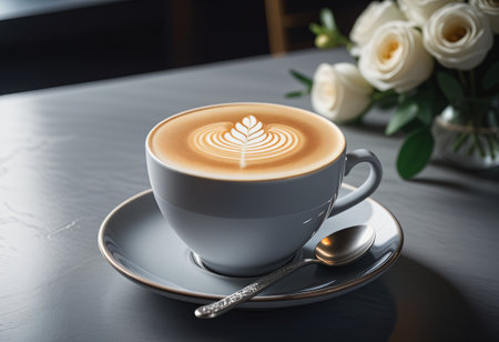 Coffee in a clear glass placed on a wooden table There was a vase of flowers on the sideの素材