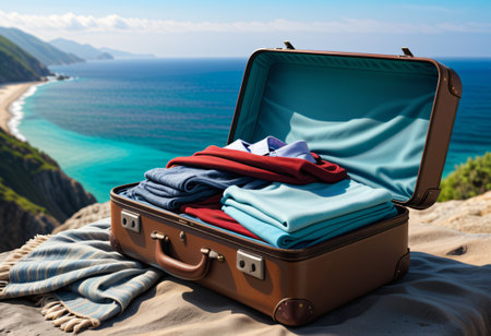 A suitcase opened with folded clothes stacked inside with sea backgroundの素材