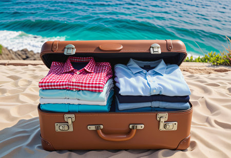 A suitcase opened with folded clothes stacked inside with sea backgroundの素材