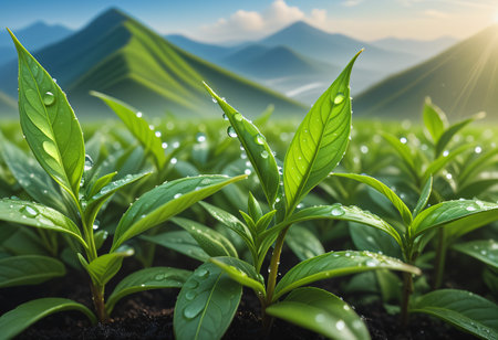 Close-up of young tea leaf shoots with water droplets on the leavesの素材