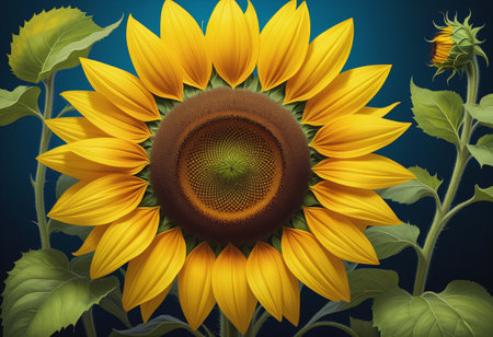 Painting of single sunflower on green backgroundの素材