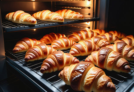 Rows of croissants in the ovenの素材