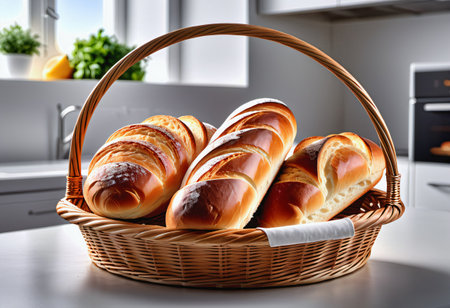 baguette bread arranged in basketの素材