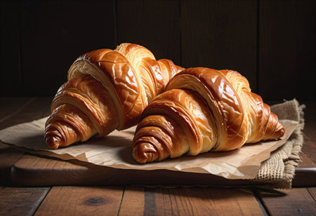 Croissants placed on a wooden floorの素材