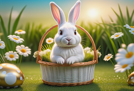 Rabbit sits in basket forest backgroundの素材