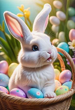Rabbit sits in easter eggs basketの素材